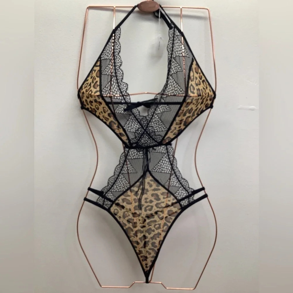 Leopard One Piece Lingerie With Back & Neck Tie & Adjustable Straps. New